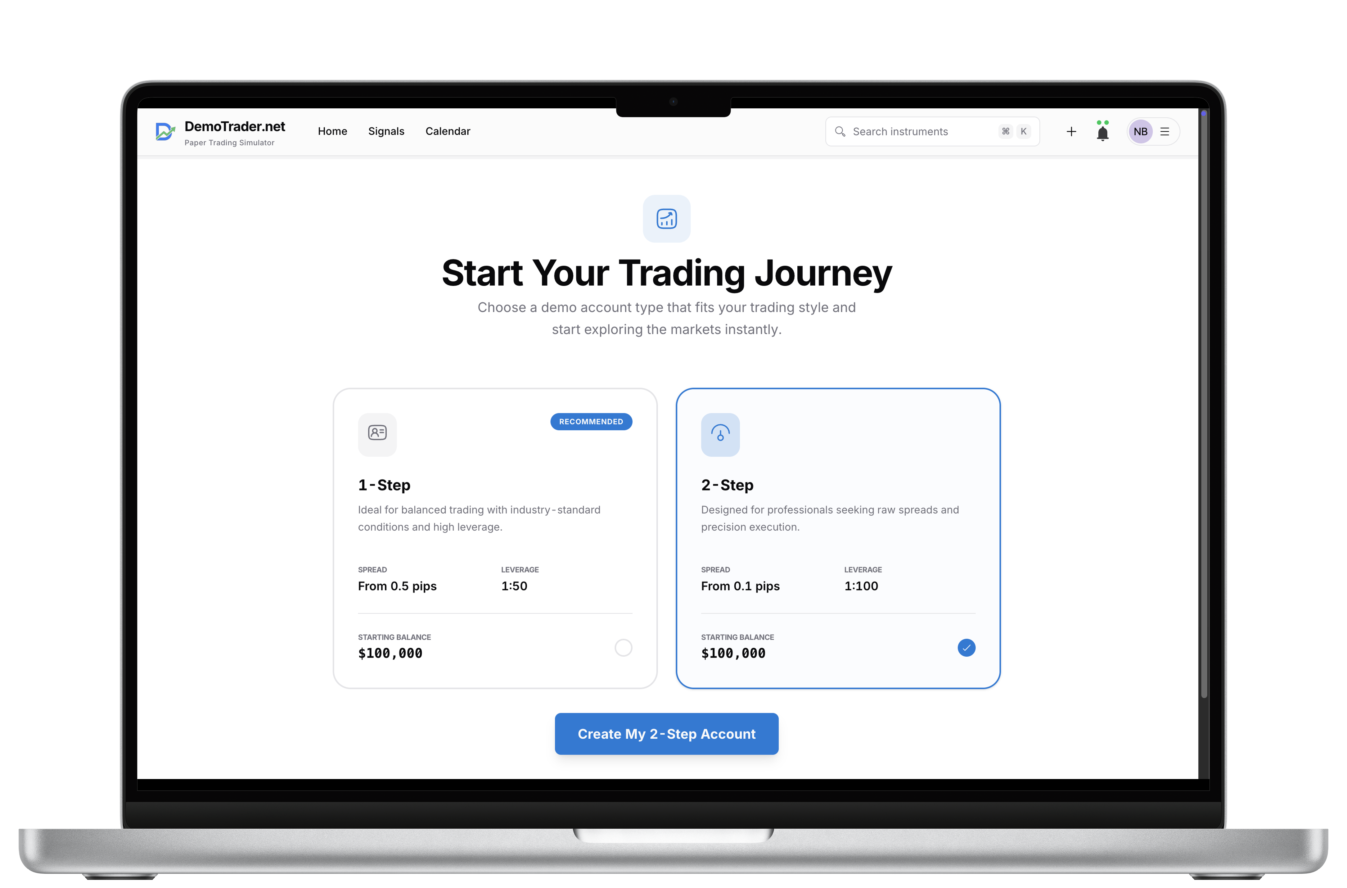 DemoTrader economic calendar on mobile and account setup on desktop on desktop
